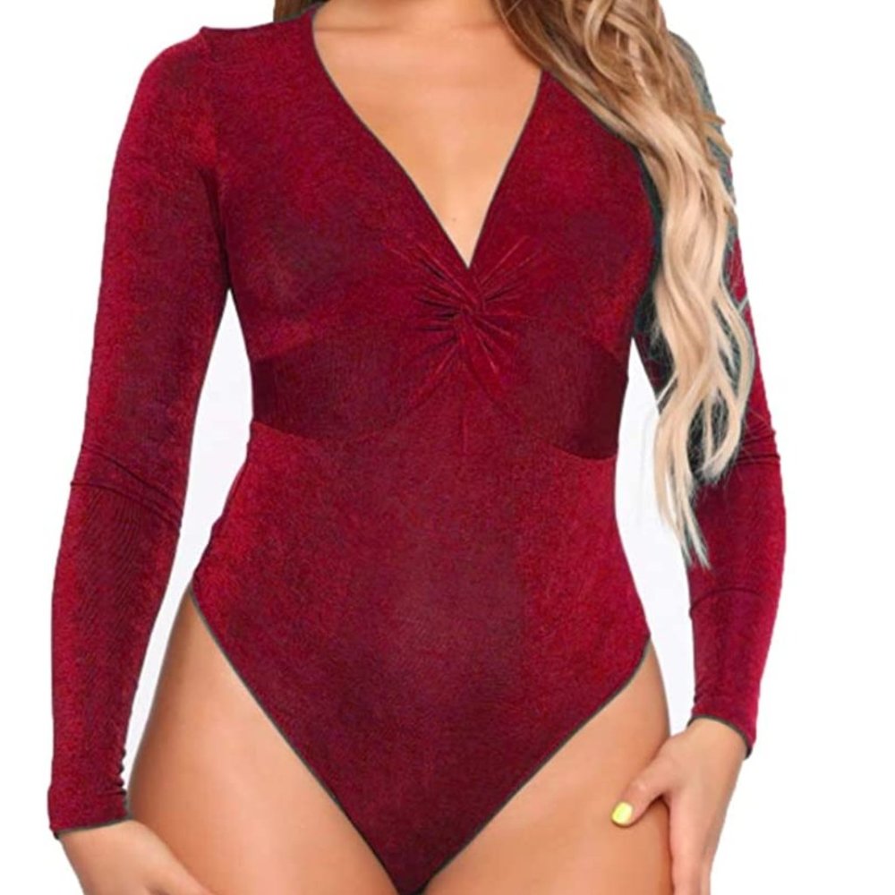 Long Sleeve V Neck Velvet Stretchy Bodysuit